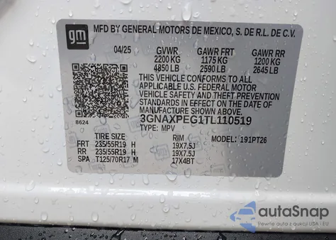 2026 Chevrolet Equinox Awd Lt z USA, uszkodzony, nr VIN 3GNAXPEG1TL110519